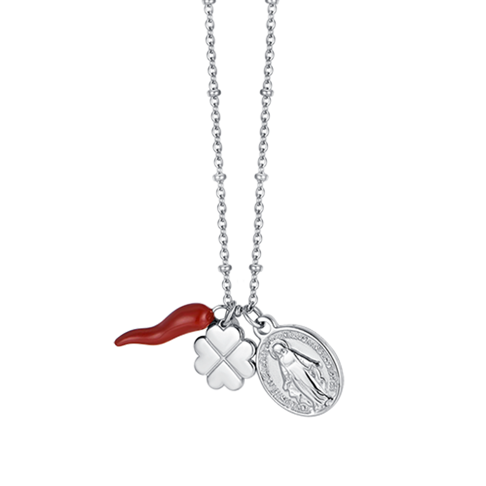 COLLAR DE ACERO PARA MUJER CON CHARM DE TRÉBOL DE CUATRO HOJAS, CUERNO Y MADONNA