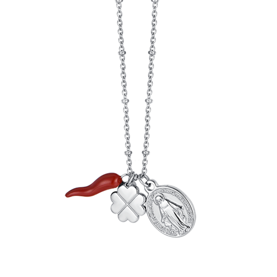 COLLAR DE ACERO PARA MUJER CON CHARM DE TRÉBOL DE CUATRO HOJAS, CUERNO Y MADONNA