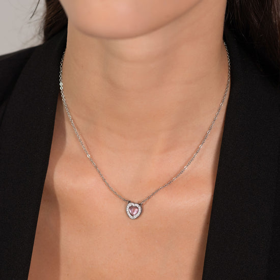 COLLAR DE MUJER CORAZÓN DE ACERO CON CRISTALES ROSAS Y BLANCOS