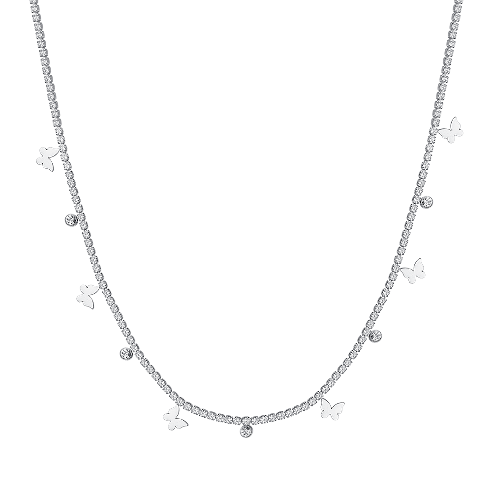 COLLAR DE TENIS DE ACERO PARA MUJER CON CRISTALES BLANCOS Y MARIPOSAS