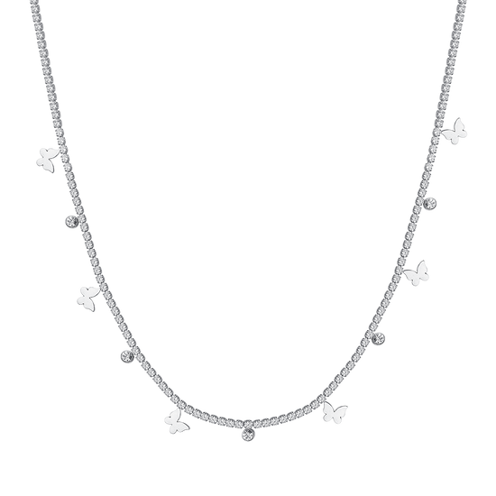 COLLAR DE TENIS DE ACERO PARA MUJER CON CRISTALES BLANCOS Y MARIPOSAS