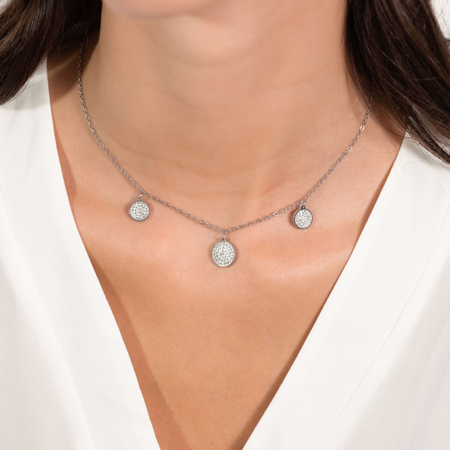 COLLAR DE ACERO PARA MUJER ELEMENTOS REDONDOS CON CRISTALES BLANCOS