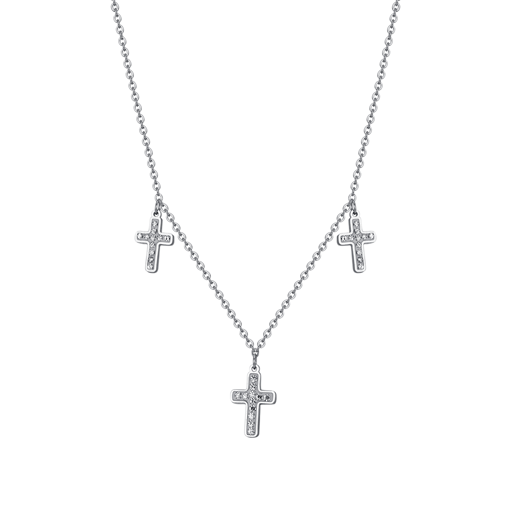 COLLAR DE CRUCES DE ACERO PARA MUJER CON CRISTALES BLANCOS