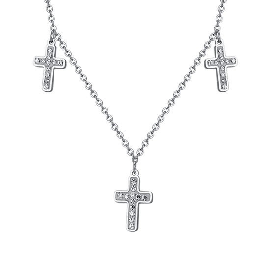 COLLAR DE CRUCES DE ACERO PARA MUJER CON CRISTALES BLANCOS
