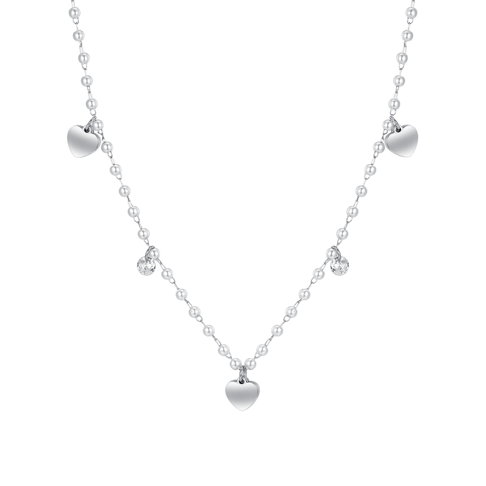 COLLAR DE PERLAS DE ACERO CON CORAZONES