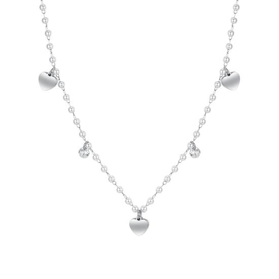 COLLAR DE PERLAS DE ACERO CON CORAZONES