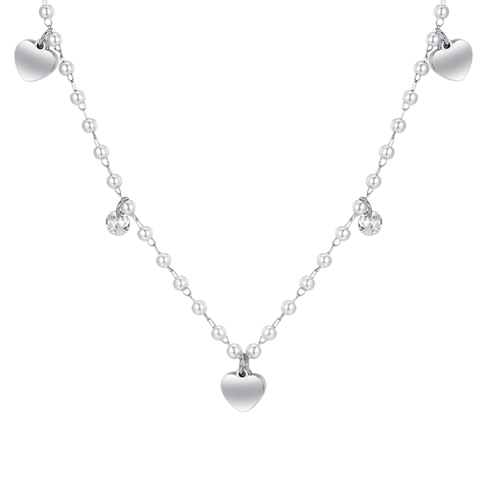 COLLAR DE PERLAS DE ACERO CON CORAZONES