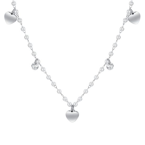 COLLAR DE PERLAS DE ACERO CON CORAZONES