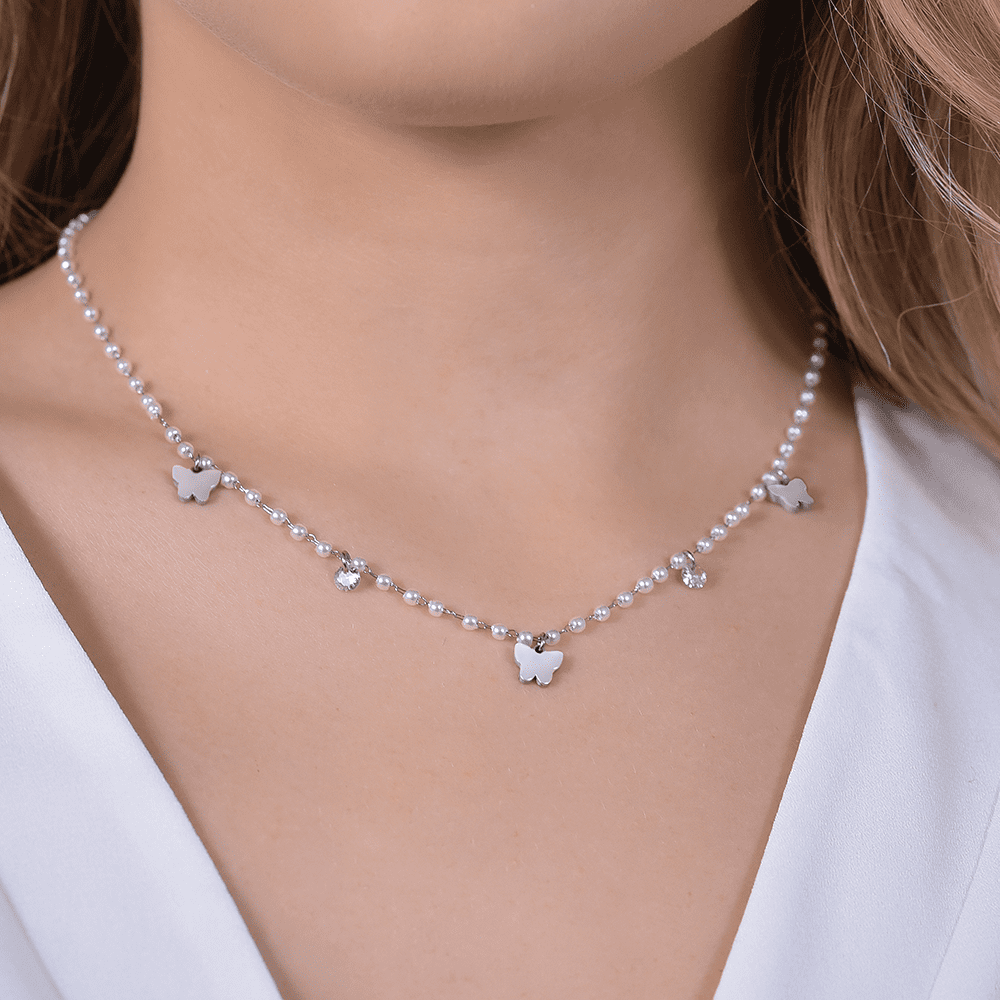 COLLAR FEMENINO DE PERLAS DE ACERO CON MARIPOSAS