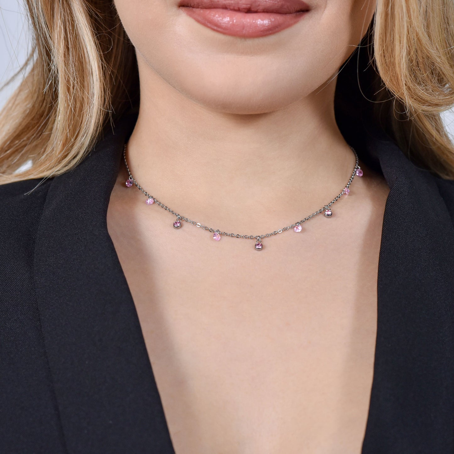 COLLAR DE ACERO CRISTAL ROSA PARA MUJER