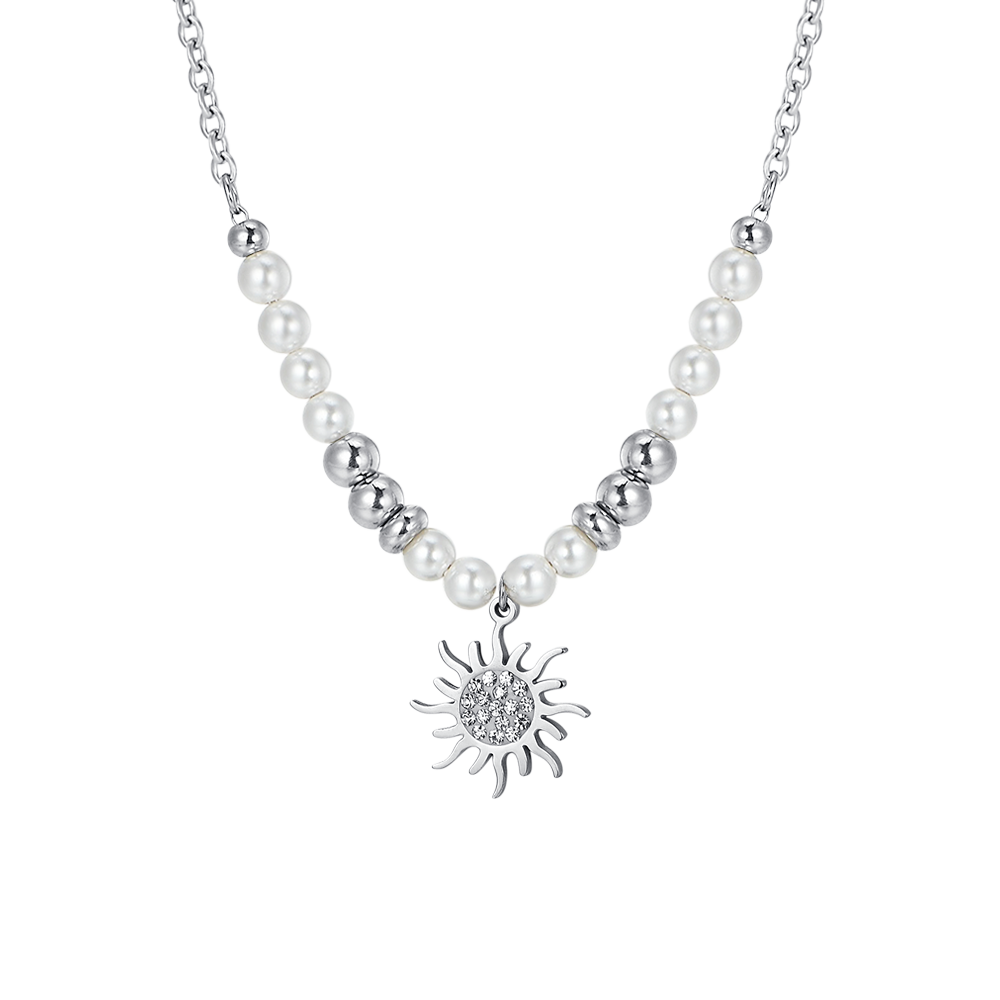 COLLAR DE ACERO PARA MUJER CON PERLAS Y SOL