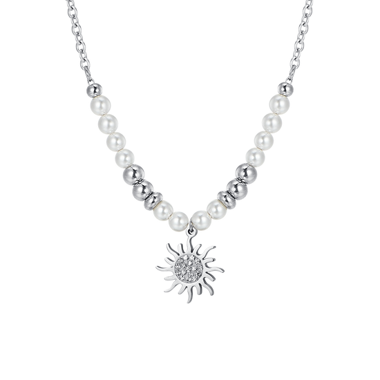 COLLAR DE ACERO PARA MUJER CON PERLAS Y SOL