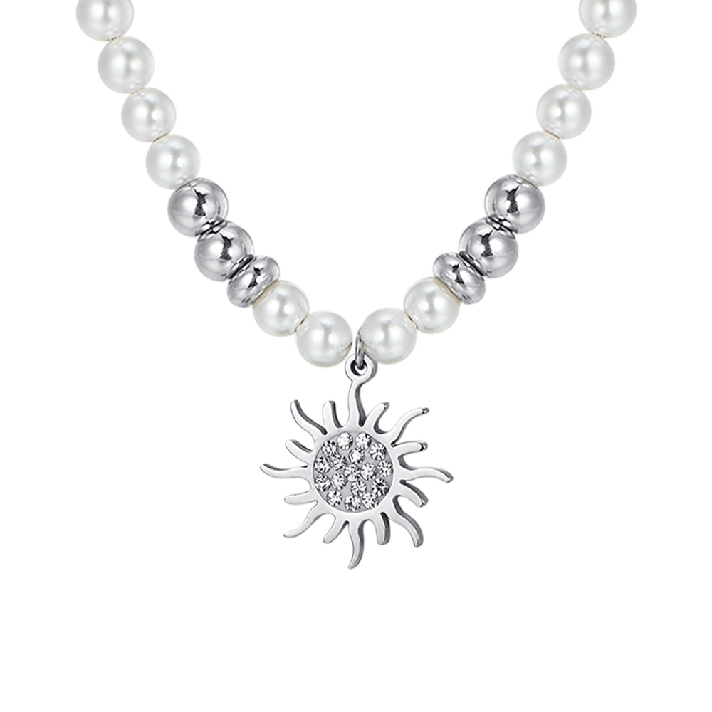 COLLAR DE ACERO PARA MUJER CON PERLAS Y SOL