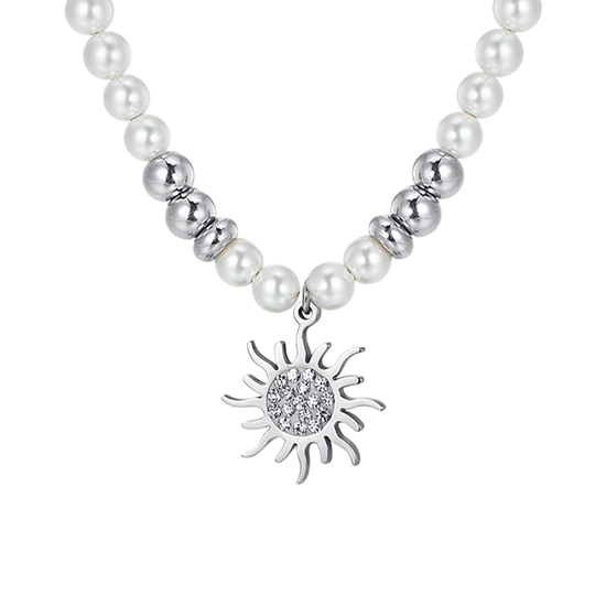 COLLAR DE ACERO PARA MUJER CON PERLAS Y SOL