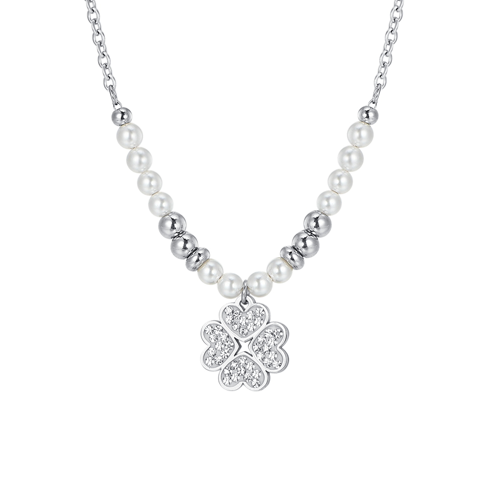COLLAR DE ACERO PARA MUJER CON PERLAS Y TRÉBOL DE CUATRO HOJAS