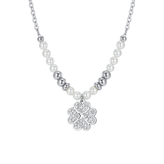 COLLAR DE ACERO PARA MUJER CON PERLAS Y TRÉBOL DE CUATRO HOJAS