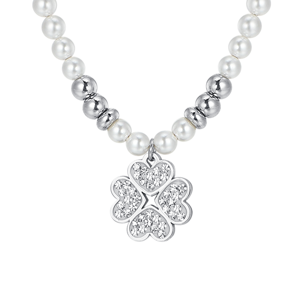 COLLAR DE ACERO PARA MUJER CON PERLAS Y TRÉBOL DE CUATRO HOJAS