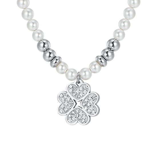 COLLAR DE ACERO PARA MUJER CON PERLAS Y TRÉBOL DE CUATRO HOJAS
