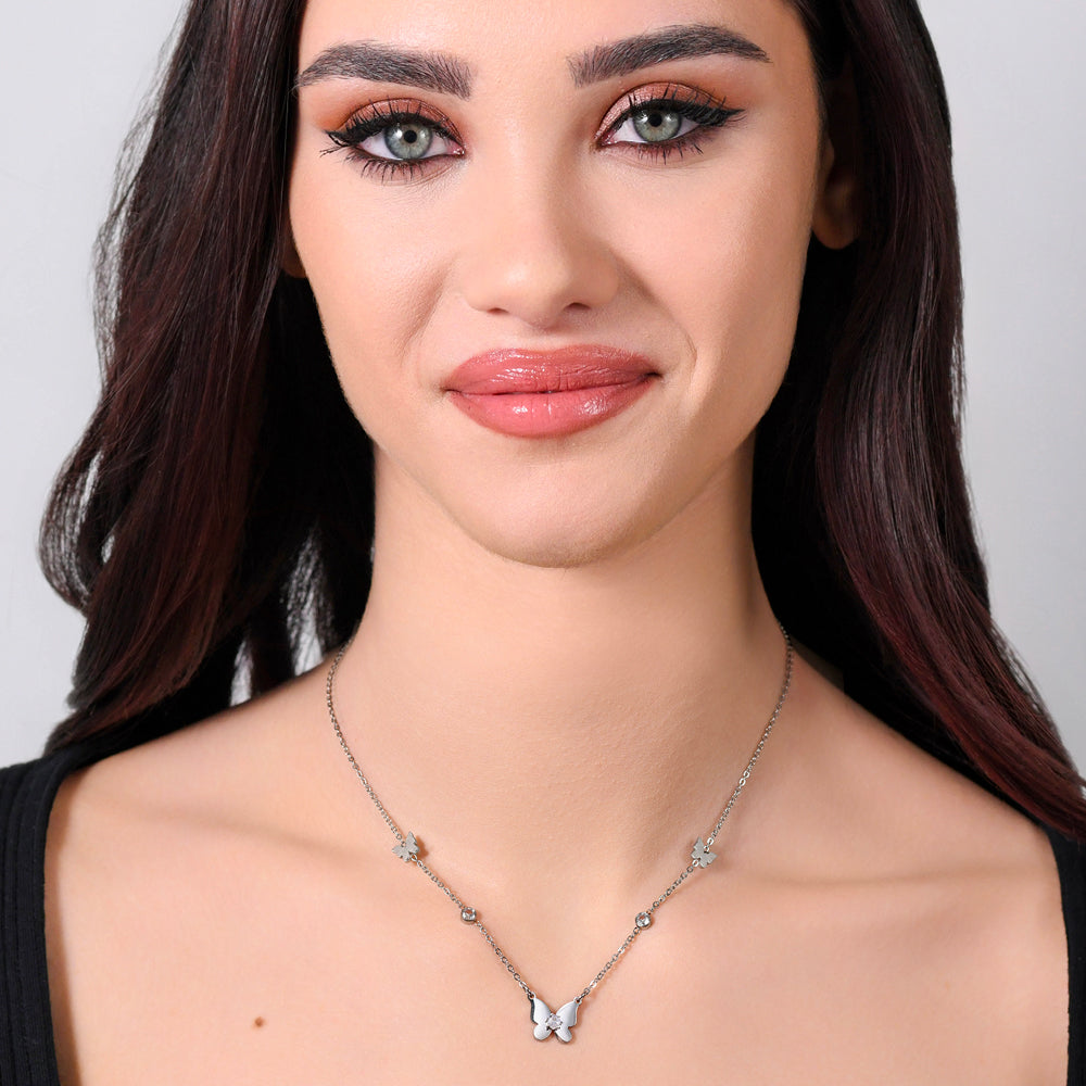 COLLAR DE ACERO CON MARIPOSA Y CIRCONITA PARA MUJER