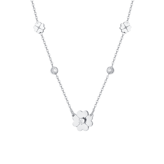 COLLAR DE ACERO PARA MUJER CON TRÉBOLES DE CUATRO HOJAS Y CIRCONITA