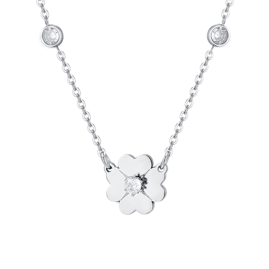 COLLAR DE ACERO PARA MUJER CON TRÉBOLES DE CUATRO HOJAS Y CIRCONITA