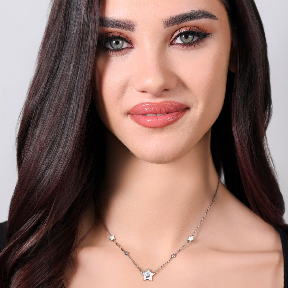 COLLAR DE ACERO CON ESTRELLAS Y CIRCONITAS PARA MUJER