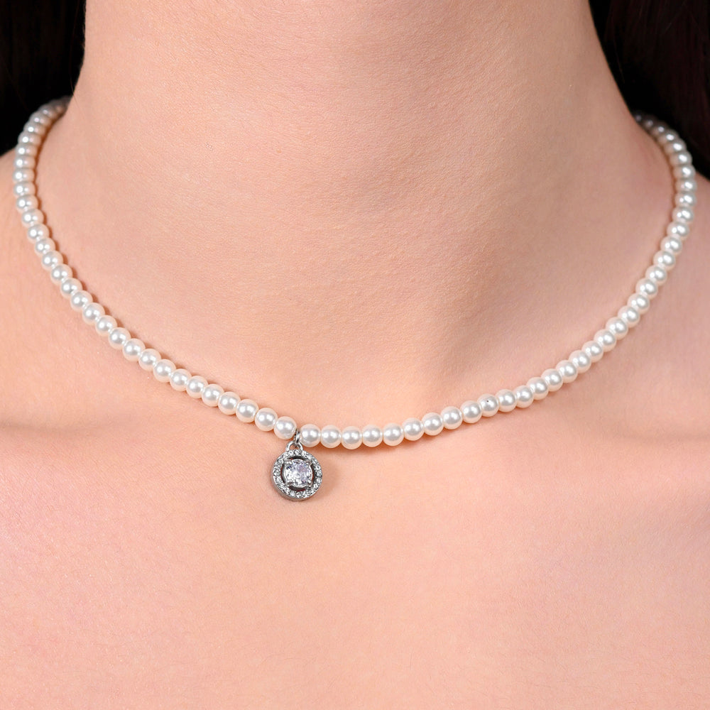 COLLAR DE PERLAS DE ACERO Y CIRCONITAS BLANCAS