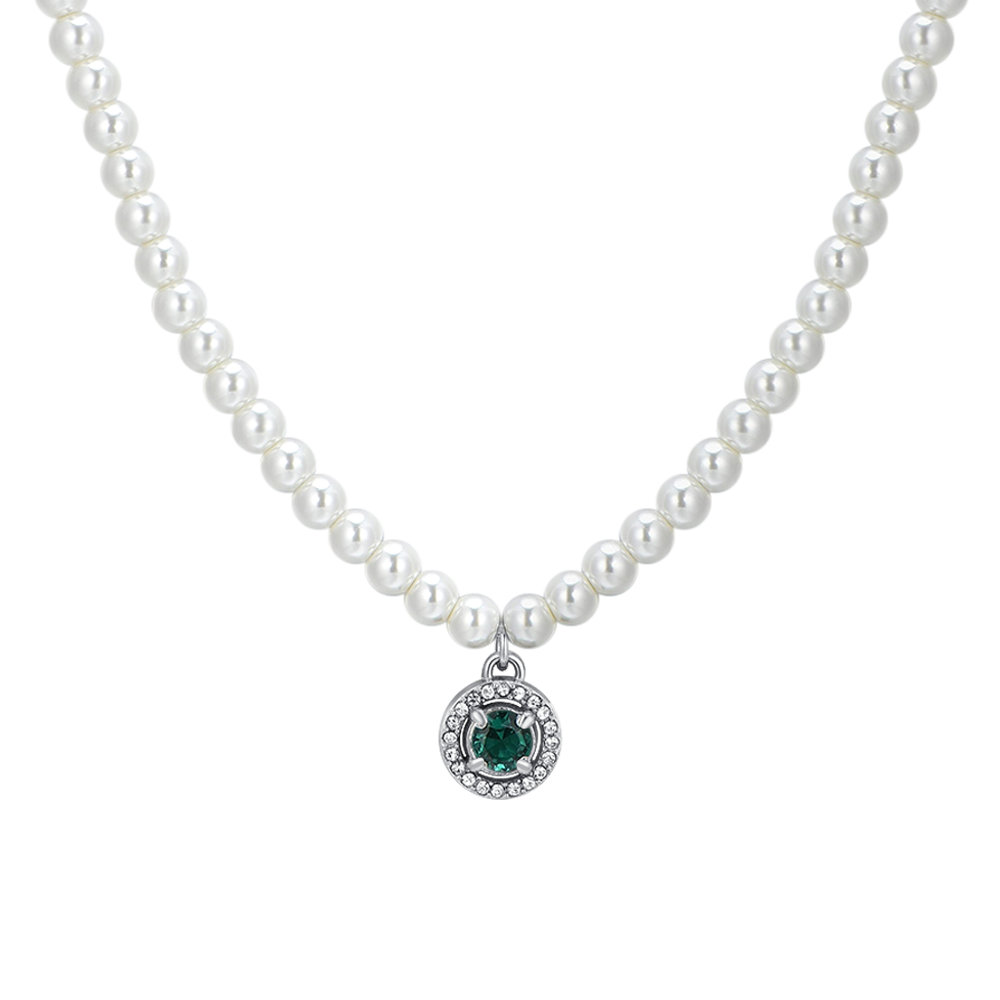 COLLAR DE PERLAS DE ACERO Y CIRCONITAS VERDES