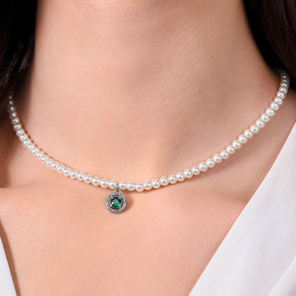 COLLAR DE PERLAS DE ACERO Y CIRCONITAS VERDES