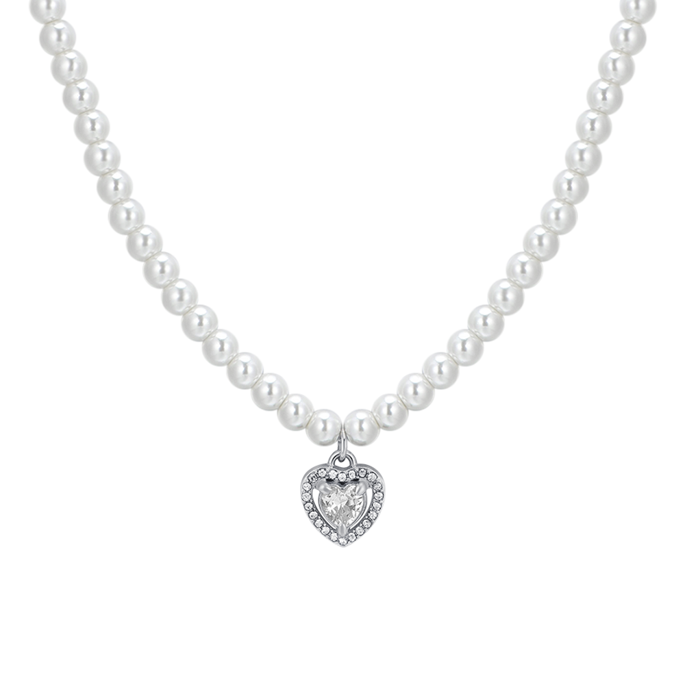 COLLAR CORAZÓN DE PERLAS DE ACERO Y CIRCONITAS BLANCAS