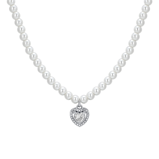 COLLAR CORAZÓN DE PERLAS DE ACERO Y CIRCONITAS BLANCAS