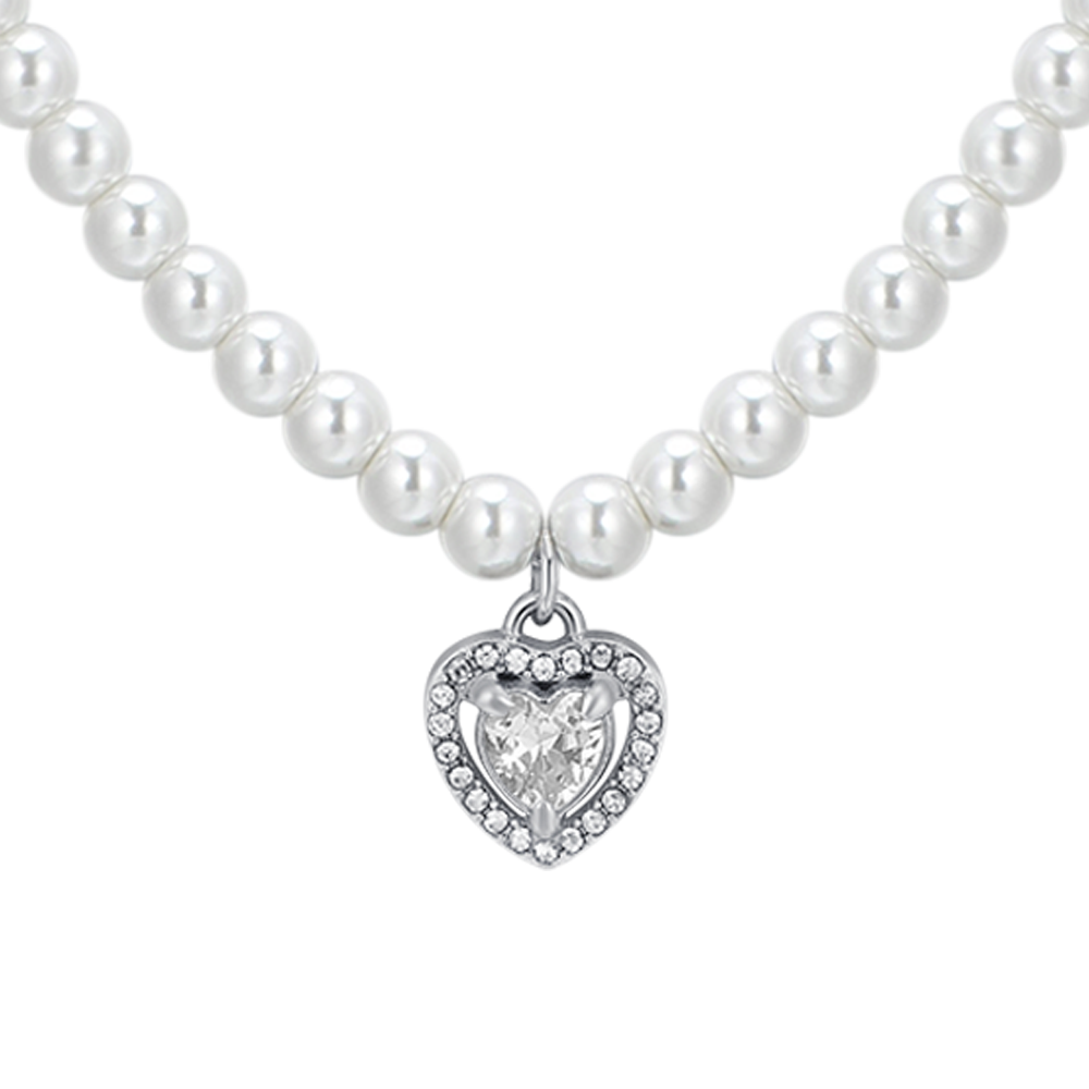 COLLAR CORAZÓN DE PERLAS DE ACERO Y CIRCONITAS BLANCAS