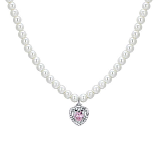 COLLAR CORAZÓN DE PERLAS DE ACERO Y CIRCONITAS ROSAS