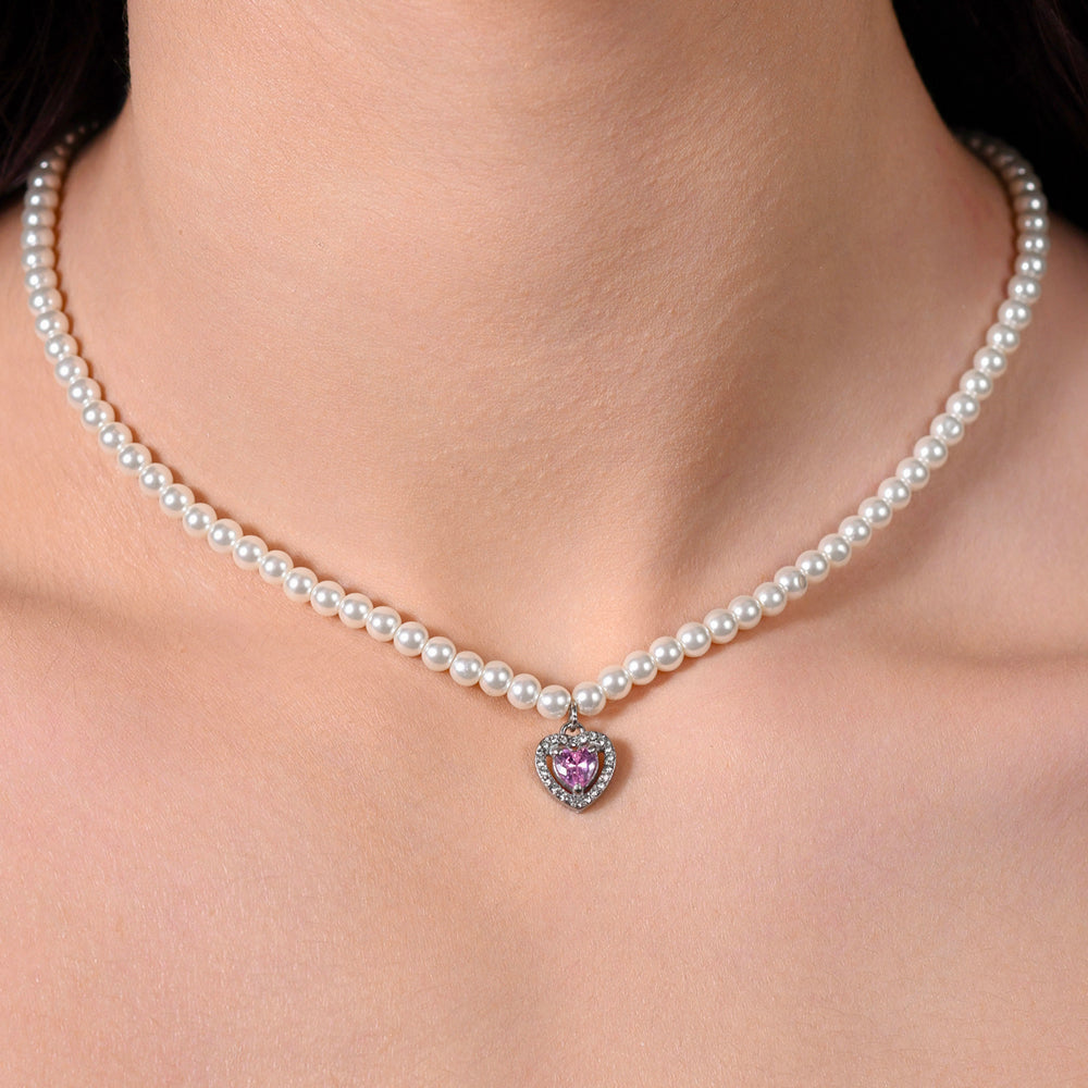 COLLAR CORAZÓN DE PERLAS DE ACERO Y CIRCONITAS ROSAS