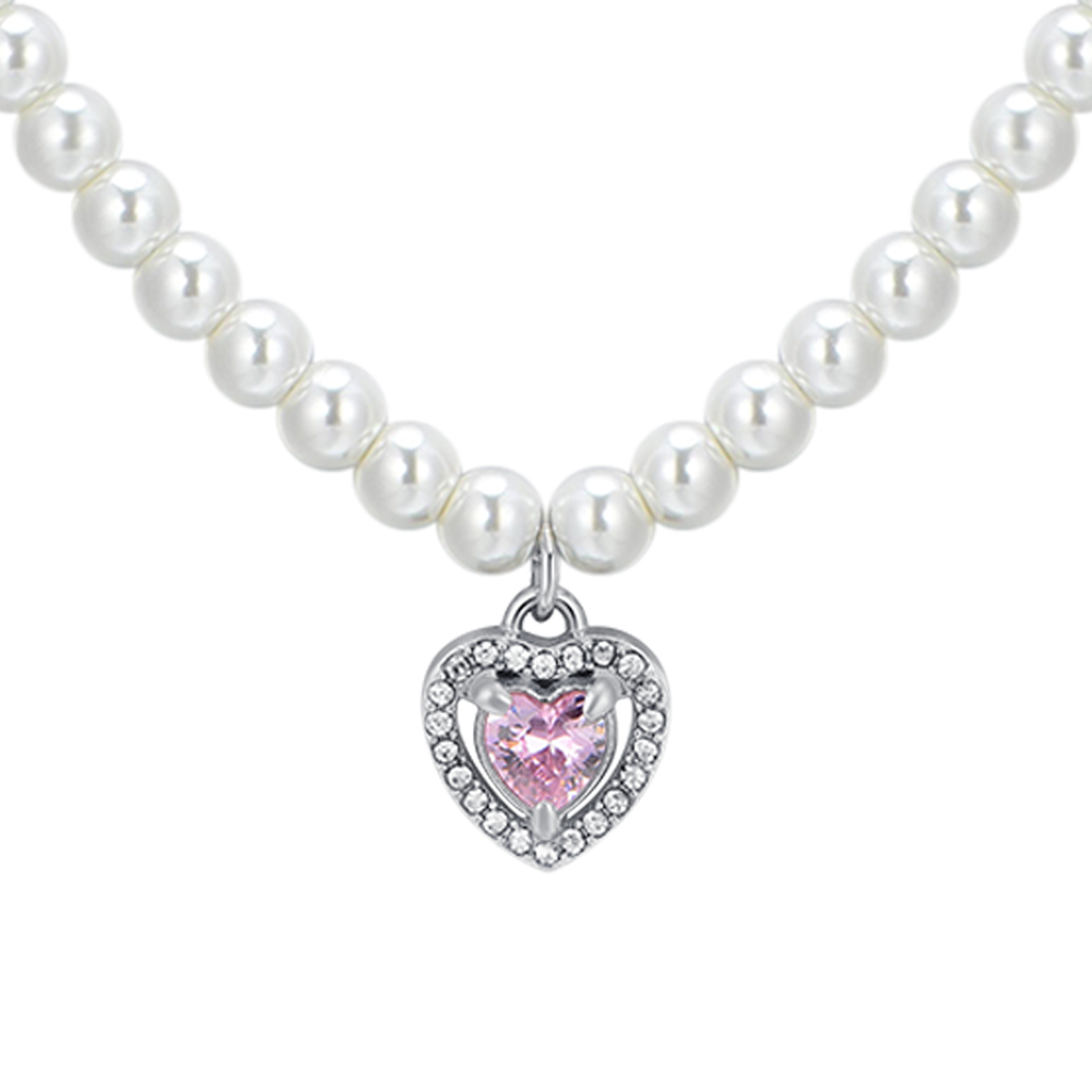 COLLAR CORAZÓN DE PERLAS DE ACERO Y CIRCONITAS ROSAS