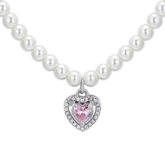 COLLAR CORAZÓN DE PERLAS DE ACERO Y CIRCONITAS ROSAS