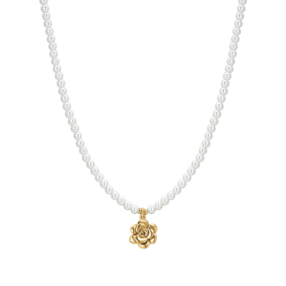 COLLAR DE ACERO IP ORO PERLAS Y ROSA