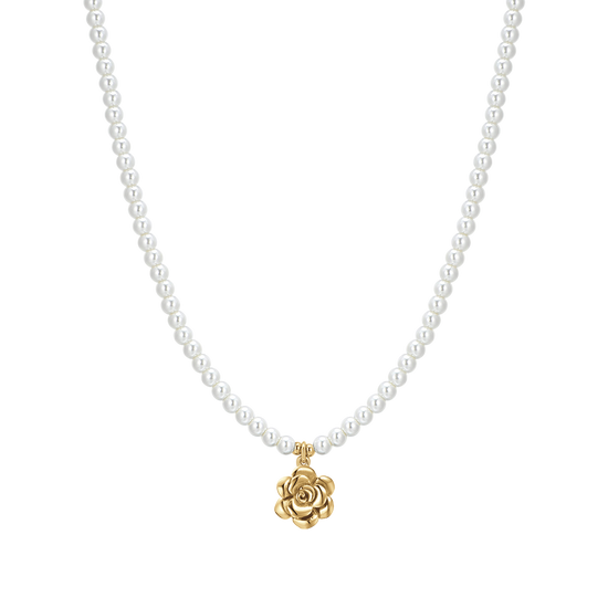 COLLAR DE ACERO IP ORO PERLAS Y ROSA