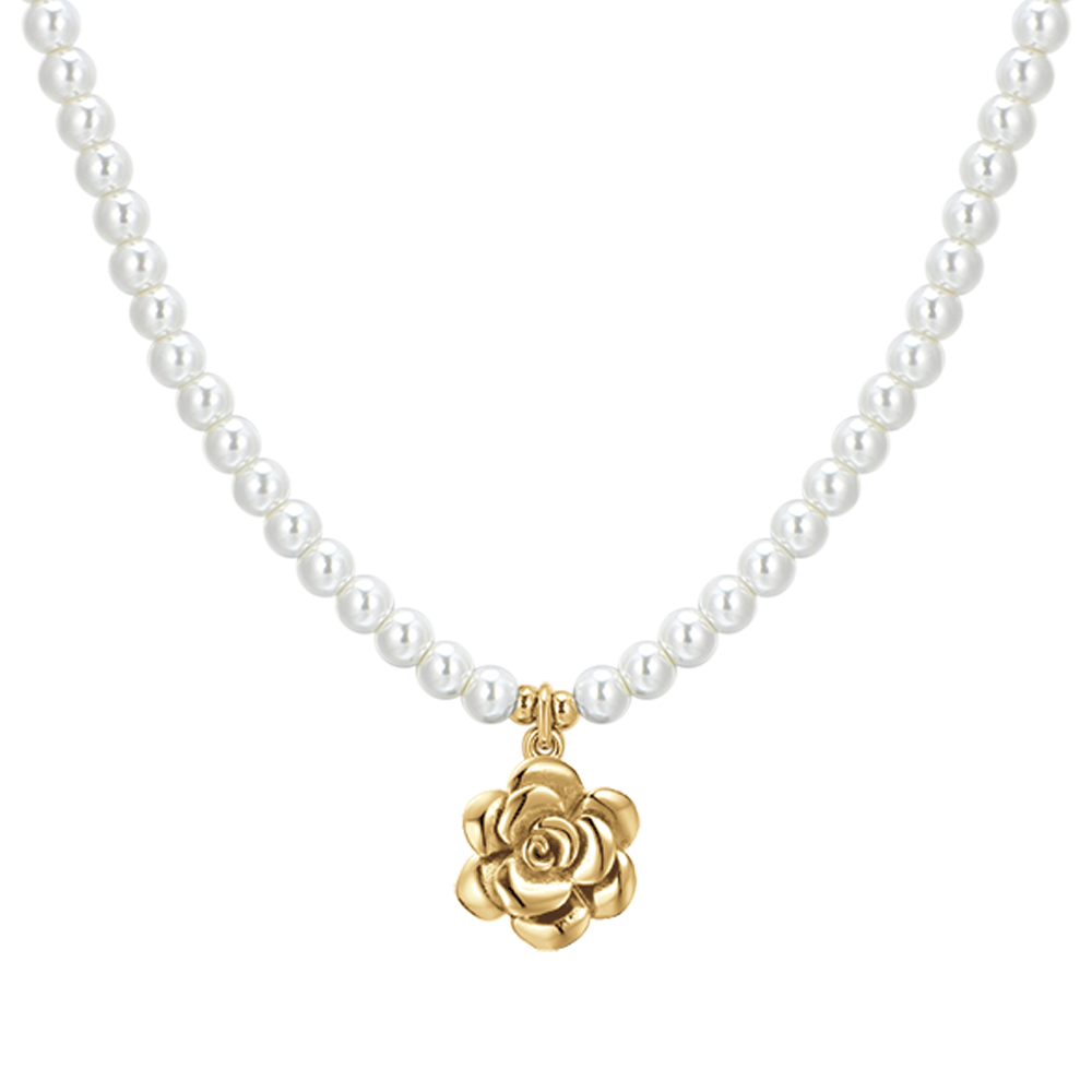 COLLAR DE ACERO IP ORO PERLAS Y ROSA