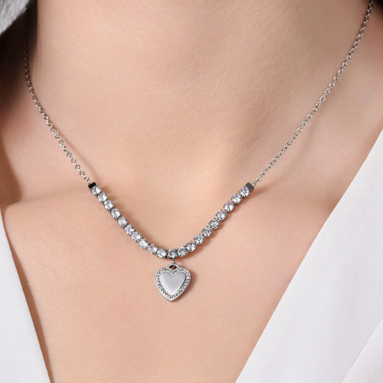 COLLAR TENIS MUJER ACERO CORAZON Y CIRCONITA