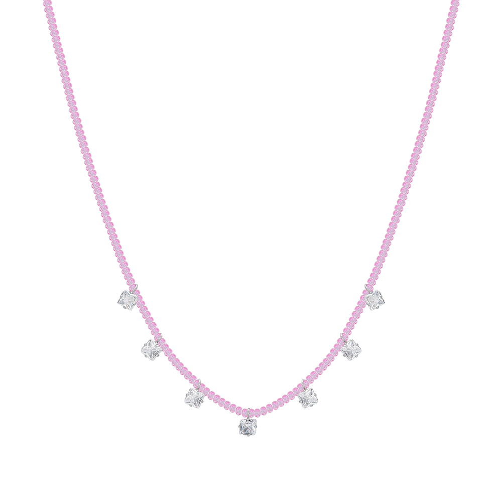COLLAR DE ACERO PARA MUJER CON CRISTALES ROSAS Y CIRCONITA BLANCA
