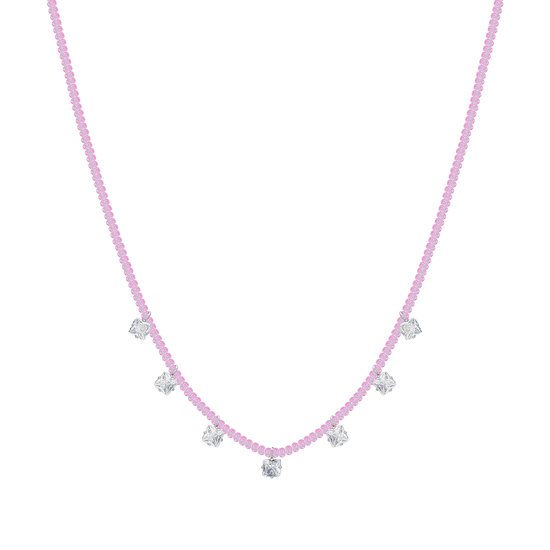COLLAR DE ACERO PARA MUJER CON CRISTALES ROSAS Y CIRCONITA BLANCA