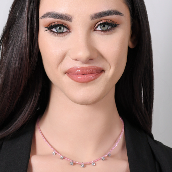 COLLAR DE ACERO PARA MUJER CON CRISTALES ROSAS Y CIRCONITA BLANCA