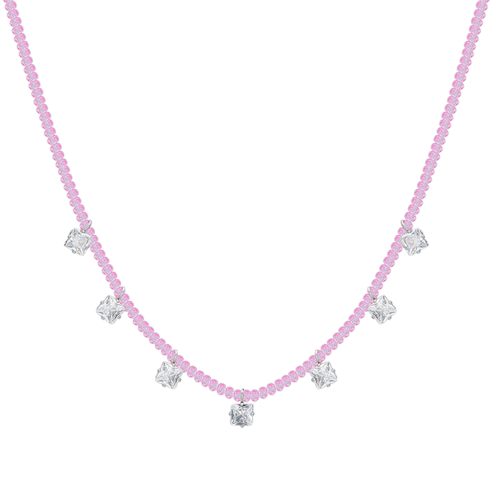 COLLAR DE ACERO PARA MUJER CON CRISTALES ROSAS Y CIRCONITA BLANCA