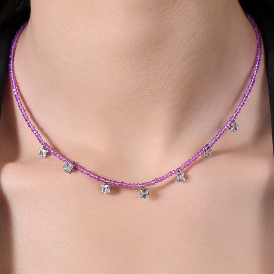 COLLAR DE ACERO PARA MUJER CON CRISTALES VIOLETAS Y CIRCONITA BLANCA