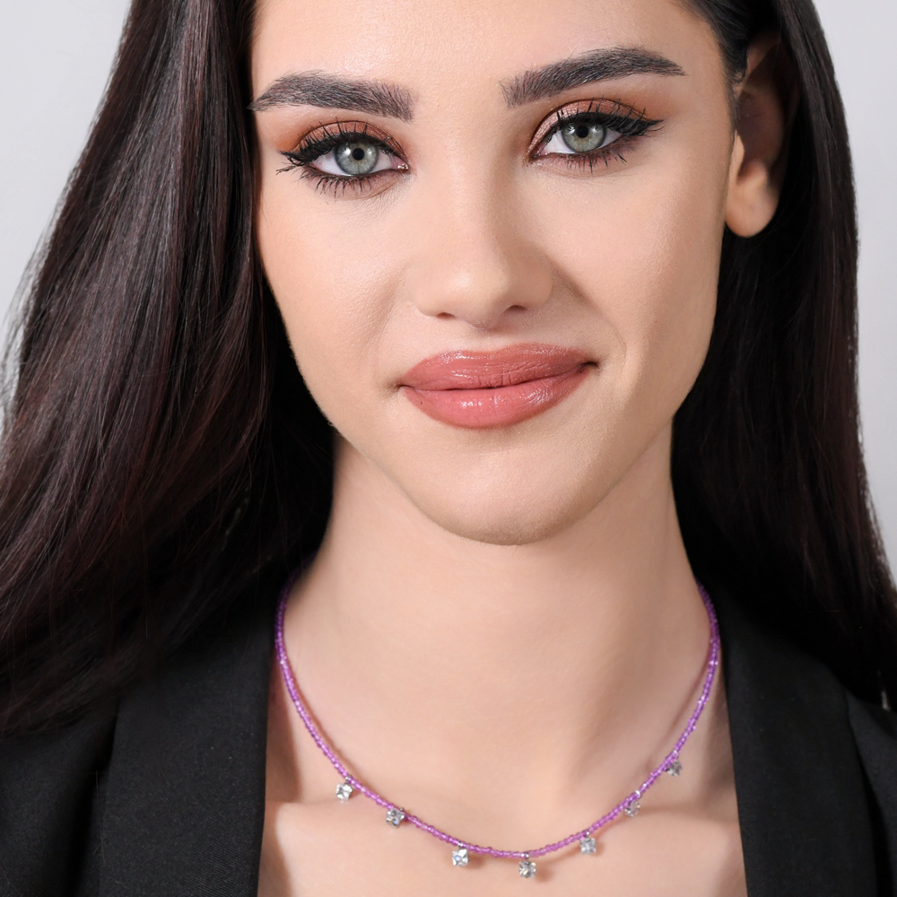 COLLAR DE ACERO PARA MUJER CON CRISTALES VIOLETAS Y CIRCONITA BLANCA