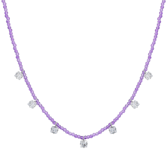COLLAR DE ACERO PARA MUJER CON CRISTALES VIOLETAS Y CIRCONITA BLANCA