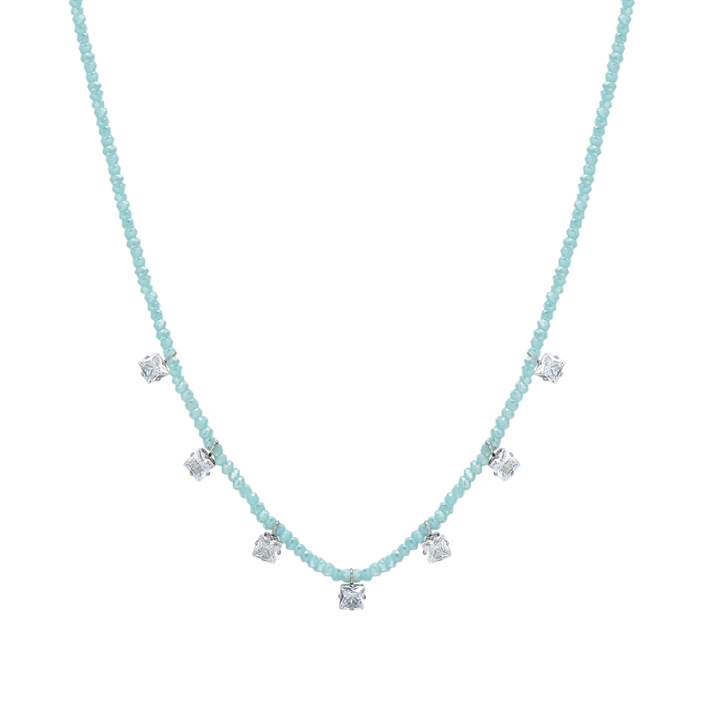 COLLAR DE ACERO PARA MUJER CON CRISTALES DE TURQUESA Y CIRCONITA BLANCA