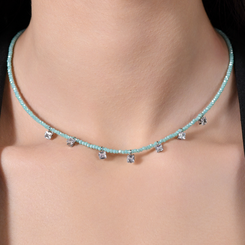 COLLAR DE ACERO PARA MUJER CON CRISTALES DE TURQUESA Y CIRCONITA BLANCA