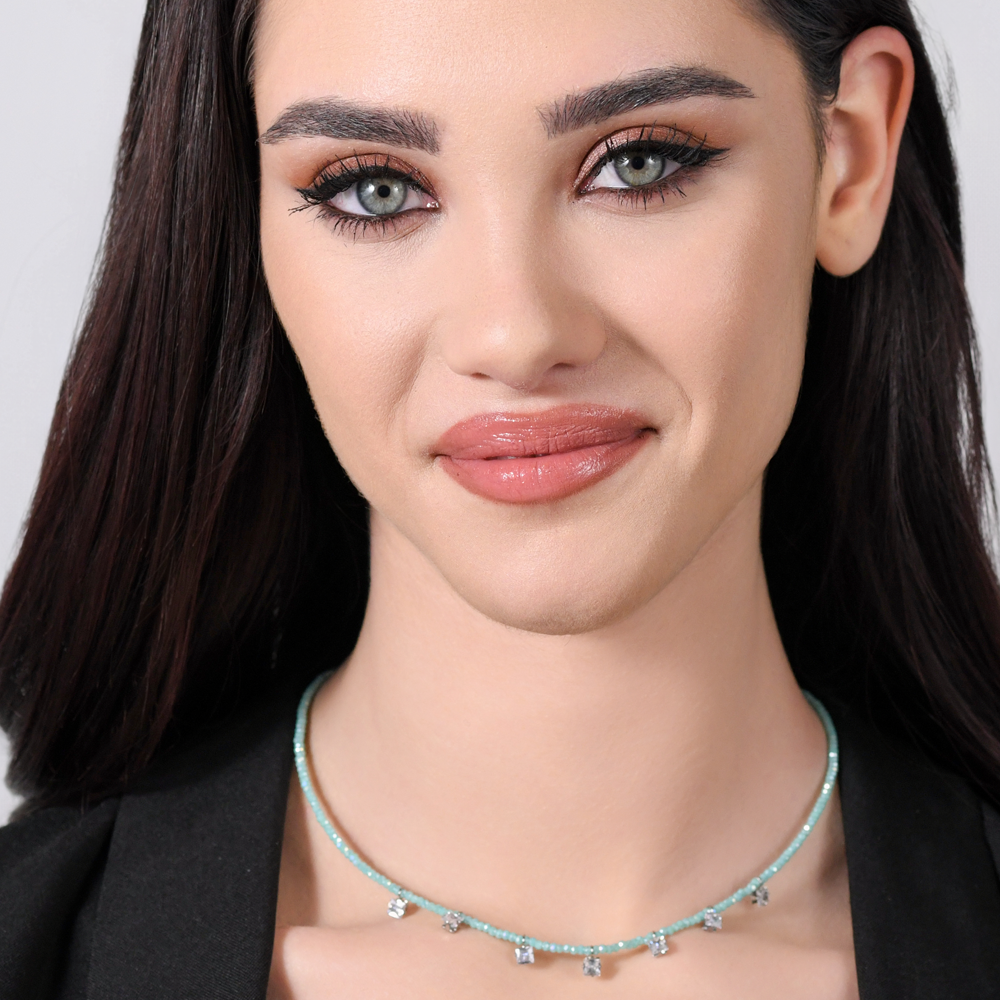 COLLAR DE ACERO PARA MUJER CON CRISTALES DE TURQUESA Y CIRCONITA BLANCA
